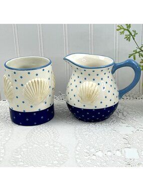 Gorham Merry Go Round She Sells Seashells Sugar & Creamer Blue Polka Dots Beach